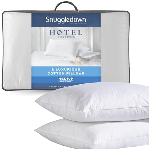 Image of Snuggledown Luxury Cotton Pillows 2 Pack - Hotel Quality Ultra-Soft Cluster Fibre Filled Pillows for Back & Side Sleepers | 100% Cotton Cover, UK-Made, Non-Allergenic & Washable (48 x 74cm)