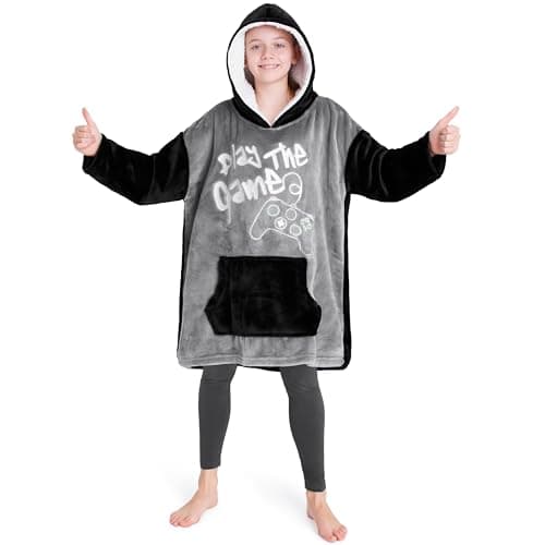 Image of CityComfort Hoodie Blanket for Kids & Teenagers Fleece Wearable Blanket Warm Gamer Football Oversized Hoodie with Sherpa Hood Loungewear Gaming Gifts (Silver Gaming)