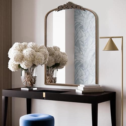 Image of Micasso Traditional Ornate Bronze Mirror: 36" x 24" French Baroque Antique Mirror - Decorative Vintage Arched Mirrors for Wall/Bathroom/Entryway/Hallway - Home Decor for Living Room