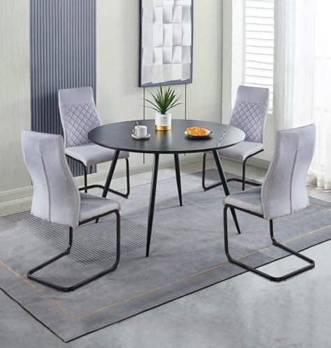 Image of Hallowood Furniture Cullompton Large Dining Table and Chair Set 4, Black Wooden Effect Top Round Kitchen Table and High Back Cantilever Light Grey Dining Chairs, Cafe and Home Kitchen Furniture