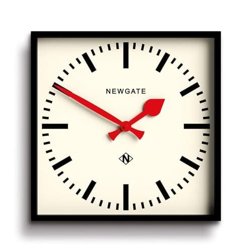 Image of NEWGATE® Number Five wall clock | Square retro inspired modern station clock | 40cm | Black with red hands | Mid-century style for kitchen, living room or office