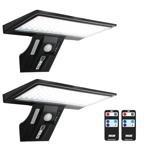 Image of JESLED Solar Lights Outdoor, 2 Pack 90 LED Solar Motion Sensor Security Lights Waterproof 2600mAh,USB Charging, for Garden Fence Door Yard Garage Pathway