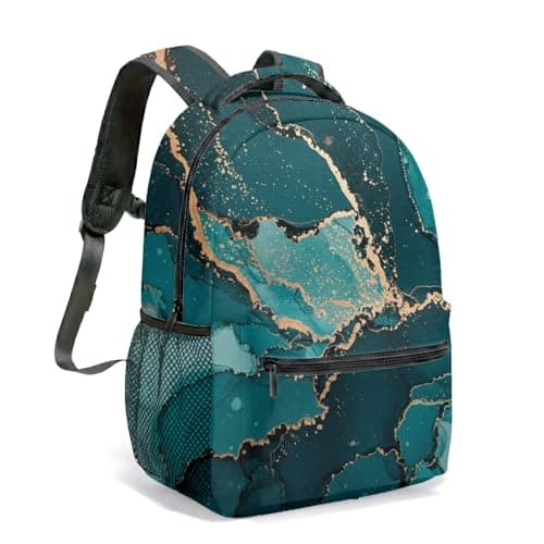 Image of Teal Turquoise Fluid Swirl 16 Inch Backpack Abstract Gold Marble All-Over Print Mineral Liquid Art Commuter Travel Bag (03)