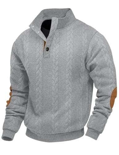 Image of EndoraDore Mens Jacquard Sweatshirts Casual Long Sleeve Pullover Knitwear Button Stand Collar Tops Grey 2XL