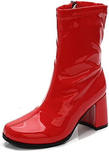 Image of Women’s Go Go Ankle Boots – 1960s 1970s Retro Mod Patent Leather Mid Calf Boots, Chunky Low Block Heel, Side Zip Vintage Fashion Boots for Women, UK Size 3-8, Red Patent-6 UK