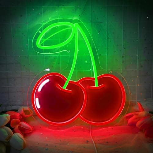 Image of Cherry Neon Sign for Wall Decor, Dimmable Printing Fruit Neon Lights, Vibrant Fruit Themed Neon LED Signs for Kids Room, Bedroom, Restaurant, Bar, Club, Fruit Shop, Birthday Party (Cherry)