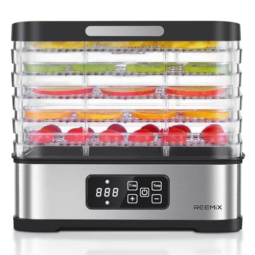 Image of Food Dehydrator with 5 Stackable Trays, Stainless Steel Base for Kitchen Countertop, Adjustable Timer & Temperature Touch Control for Dried Fruit, Herbs, Veggies and Beef Jerky (White)