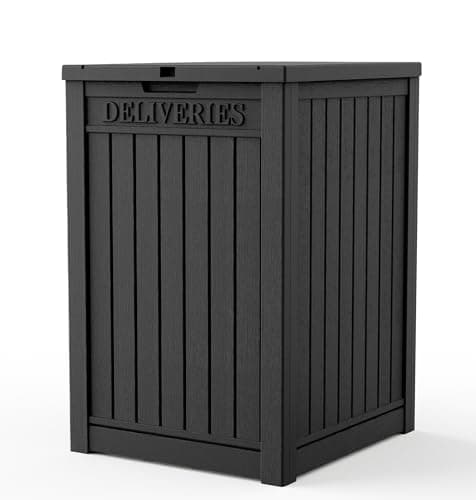 Image of EasyUp Outdoor Package Delivery Box, 48-Gallon Lockable Parcel Drop Box, Large Double-Walled Resin Weatherproof Storage Deck Box for Porch and Patio (Black)