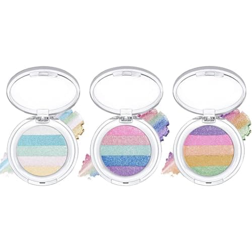 Image of Wenrny Rainbow Glitter Face Highlighter Makeup Palettes for Women,3 Pcs 15 Colors Blendable Multichrome Shiny Eyeshadow Palettes for Eyes,Cheek and Blush,Iridescent Holographic Highlighter Palette