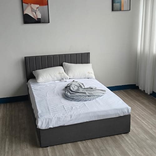 Image of Panana Upholstered Ottoman Double (4ft6) / King (5ft) Grey Linen Fabric Storage Bed, Gas Lift Up Bed Frame with Storage, End Opening Wooden Slats (Grey with Vertical Headboard, King Size)