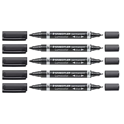 Image of STAEDTLER Lumocolor permanent duo permanent marker, marker with fine and medium round tip, smudge-proof and waterproof, quick-drying, refillable, long service life, 5 black markers, 348-9X