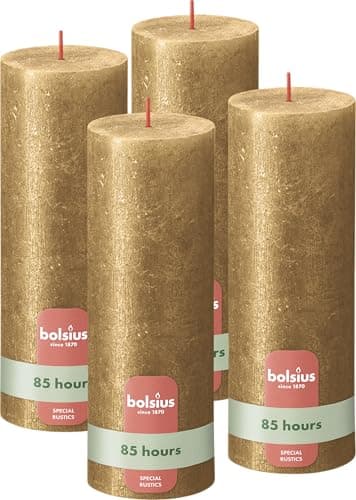 Image of Bolsius Rustic Pillar Candle - Shimmer Gold - Pack of 4 - Long Burning Time of 85 Hours - Interior Decoration - Unscented - Includes Natural Vegan Wax - No Palm Oil - 19 x 7 cm