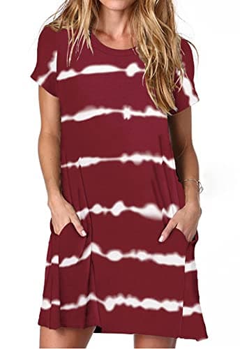 Image of Ancapelion Women's Tie Dye Red Striped T Shirt Dresses Short Sleeve Loose Mini Tunic Dress for Ladies XXL