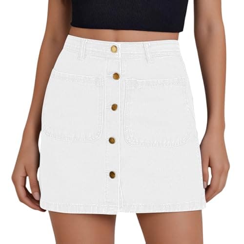 Image of Summer Dress Women's Dress Skirt Denim Skirts for Women Denim High Waist Trendy Stretchy Mini Pencil Skirt with Button Front and Patch Pockets, White, L