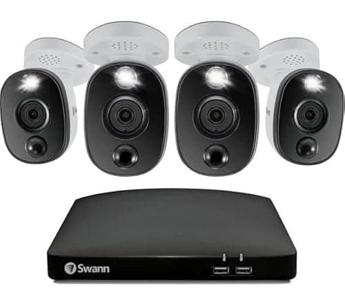Image of Swann Home DVR Security Camera System with 1TB HDD, 8 Channel 4 Camera, 4K UHD Video, Indoor or Outdoor Wired Surveillance CCTV, Color Night Vision, Heat Motion Detection, LED Lights, 856804