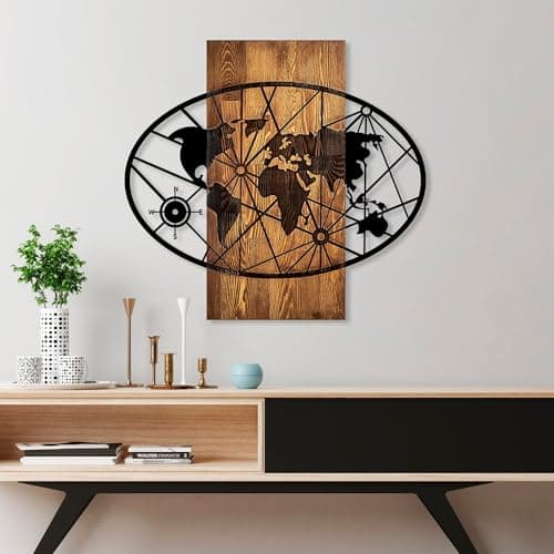 Image of Elegant Decorative Wooden Wall Accessory, 57 x 62 cm, 100% Real Wood (3 cm) & Metal (1.5 mm), Unique Walnut & Black Finish, Perfect for Home Decor
