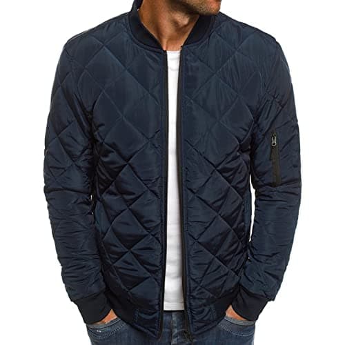 Image of Maiyifu-GJ Men Diamond Quilted Bomber Jacket Lightweight Softshell Flight Jackets Windbreaker Varsity Slim Fit Full Zip Coat, Dark Blue, XXL