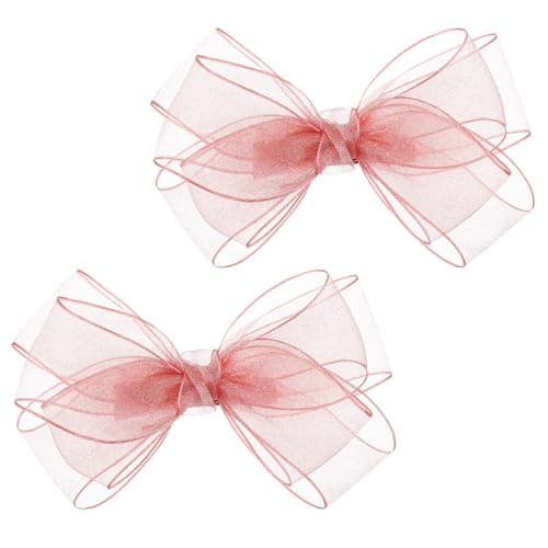 Image of 2Pcs Pink Hair Bow 14.5cm Mesh Pink Bows Hair Clip Tulle Bows Barrettes Hairs Accessories for Girls Women Kids Birthday Party Holiday Gift Dress Outfit Decor