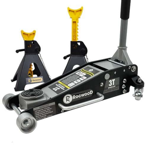 Image of 3 Ton Hydraulic Low Profile Floor Jack and 3T Axle Stands RocwooD Aluminium Heavy Duty Car Trolley Jack Lift 100mm – 465mm Lifting Range Dual Piston Pump Wheels Non-slip Handle for Car Van Garage