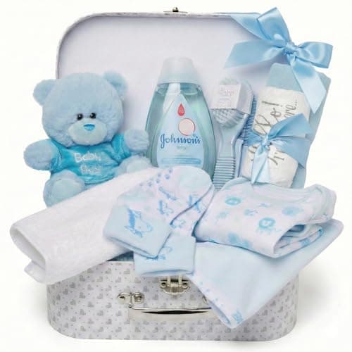 Image of Baby Box Shop Newborn Baby Boy Gift Hamper Set - Newborn Essentials with Blue Teddy Bear, Bodysuit & Muslin Cloth in a White Keepsake Box - Baby Shower Gift and Christening Gift for New Arrival