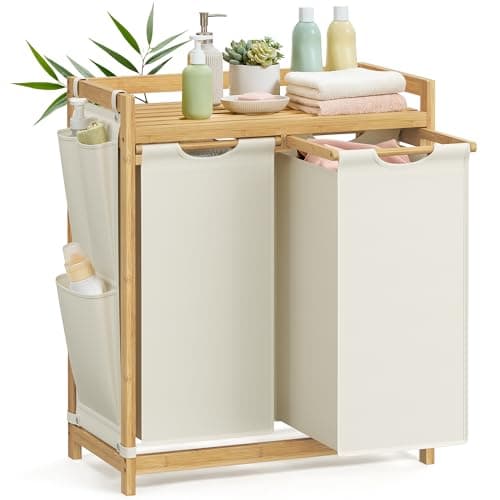 Image of SONGMICS Laundry Basket with 2 Compartments, Laundry Hamper, Holds up to 100 L, Laundry Sorter, with Shelf, Laundry Bag, Side Pockets, 2 x 50 L, 63 x 33 x 78 cm, Cream White RLH100W01