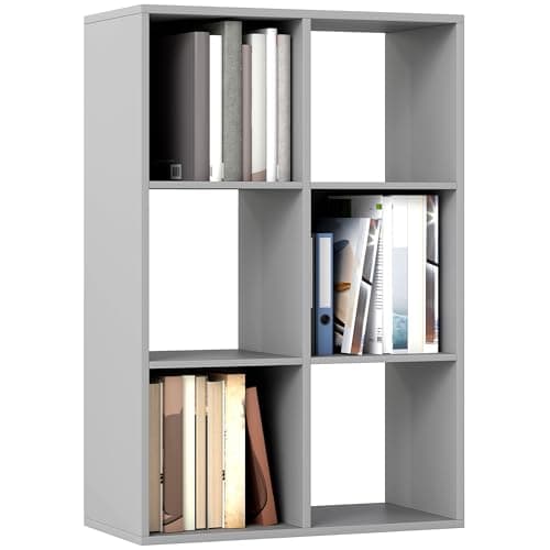 Image of HOMCOM 6-Cube Bookshelf, Modern Freestanding 3-Tier Bookcase, Display Shelving Unit for Living Room, Bedroom, Home Office, Study, Light Grey