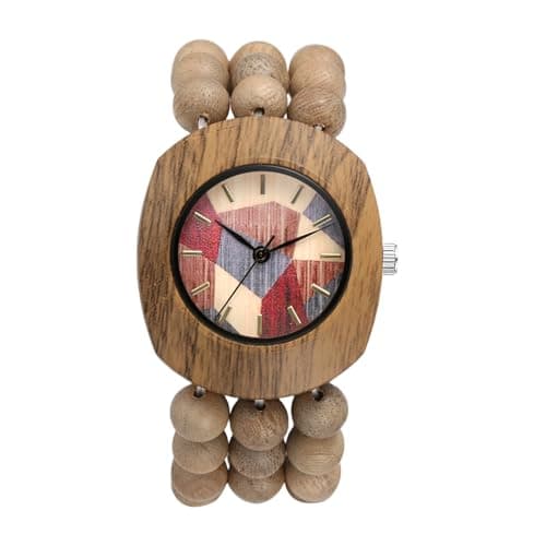 Image of JewelryWe Bohemian Wooden Elastic Watch: Handcrafted Tonneau Beaded Wood Bracelet Watches Colorful Dial with Stretch Band Analog Quartz Wristwatch for Women