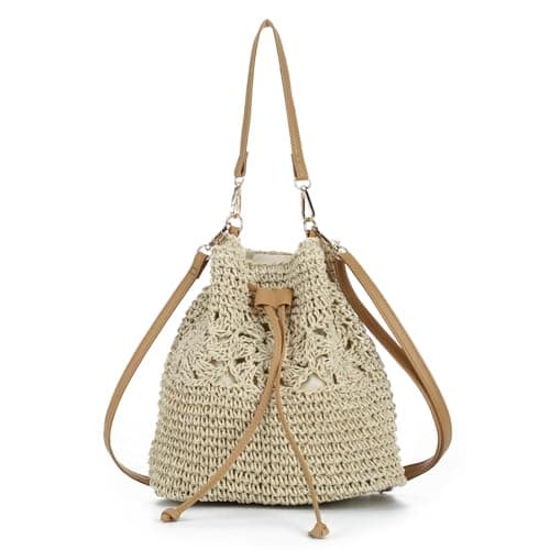 Image of EVEOUT Straw Crossbody Bag Women Summer Boho Chic Faux Raffia Woven Bucket Bag with Handle and Strap for Beach Holiday & Daily Use