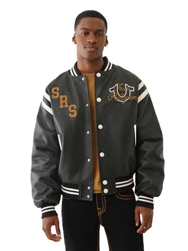 Image of True Religion Men's Retro PU Varsity Jacket – Faux Leather Letterman Bomber with Logo Patches, Jet Black, L