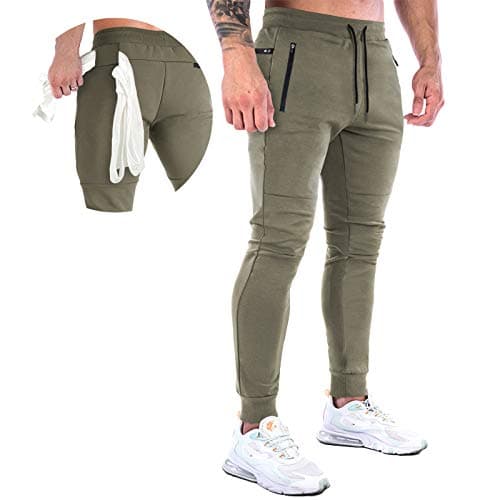 Image of MakingDa Tracksuit Bottoms Men Slim Fit Gym Joggers Training Pants Tapered Skinny Cuffed Sweatpants Jogging Activewear Trousers Elastic Waist Drawstring Zip Pockets-Army Green-S