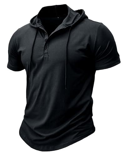 Image of MakingDa Athletic Short Sleeve Hoodie Men Fashion Workout Gym Pullover Hooded Shirt Button Muscle Fit Summer Sweatshirt Lightweight Hip Hop Running Boxing Hiking Sport Hoodys Shirts Black M