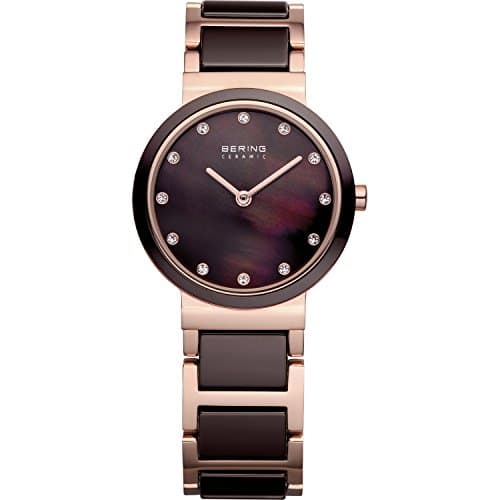 Image of BERING Women's Quartz Watch, 29 mm Rose-Gold Stainless-Steel Case and Brown Dial, Stainless-Steel Strap with Ceramic Elements, 5 ATM, 10729-765