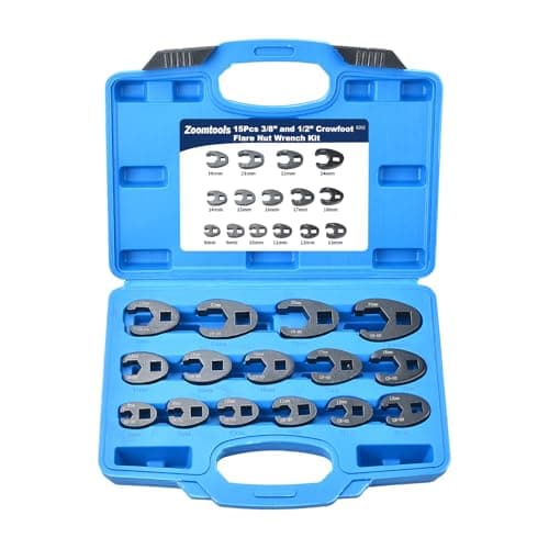 Image of Zoomtools 15pcs 3/8” 1/2” Crows Foot Spanner Set,8-24mm Open End Drive Metric Chromium-Molybdenum Alloy Crowfoot Flare Nut Wrench Kit