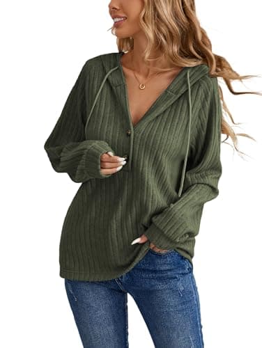 Image of iChunhua Green Hoodies for Women UK Basic V Neck Long Sleeve Hooded Top With Buttons Slouch Ladies Sweatshirts and Hoodies Army Green M