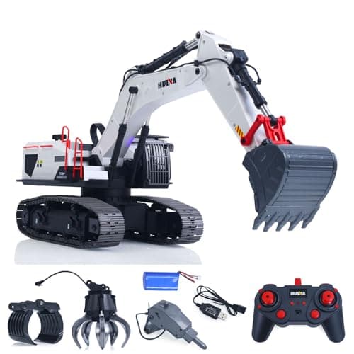Image of TOUCAN RC HOBBY UK in Stock 1/14 1594 HUINA RC Excavator Model Radio Light Sound Grab Grapple Hammer Battery Adult 14+ Model gift featuring a bucket, drill bit and ball-gripping claw