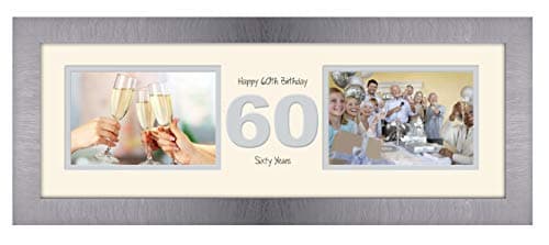 Image of 60th Birthday Photo Frame Sixtieth Gift Takes Two 6”x4” Landscape Photos 1226A (Brushed Silver Finish Frame Cream Mount Grey Inside)