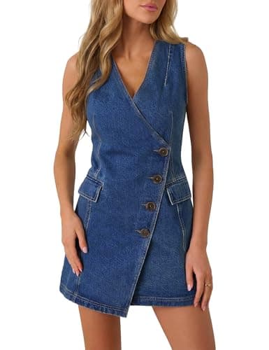 Image of Fengbay Denim Dresses for Women UK Sleeveless V Neck Button Down Casual Summer Ladies Shirt Jean Dress Trendy Dark Blue