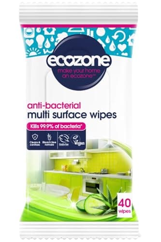 Image of EcoZone Anti-Bacterial Multi-Surface Wipes, Biodegradable Moist Wet Anti Bac Disposable Cleaning Cloths, Sanitising Worktop Natural Vegan Friendly Non Toxic Wipes, Aloe Vera & Cucumber (40 Pack)