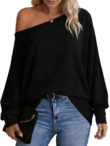 Image of Dressmine Womens Tops Bardot Batwing Tops Loose Off Shoulder Pullover Sweatshirt Black Spring Outfits Boat Neck Tunics Jumper Size 16