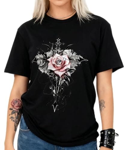Image of Eigso Women Gothic Graphic T-Shirt Vintage Short Sleeve Tee for Woman Punk Rock T-Shirt