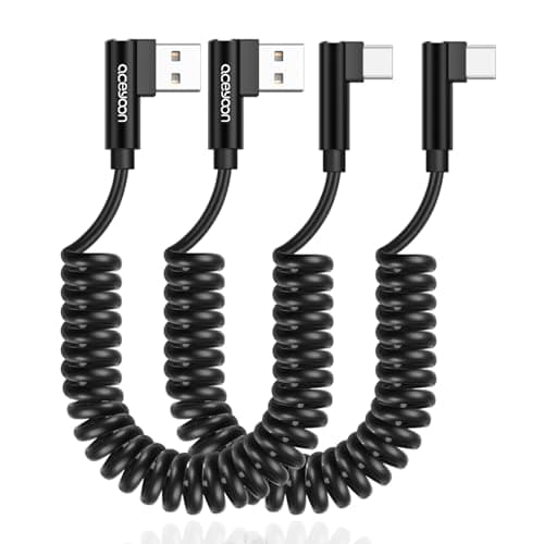 Image of aceyoon Coiled USB C Cable Short, 2 Pack 90 Degree Type C Fast Charger Cord QC 3.0 3A USB A to Type C Cable Compatible for Samsung Galaxy S22 S21, for Huawei etc,extended from 0.3m to 0.8m