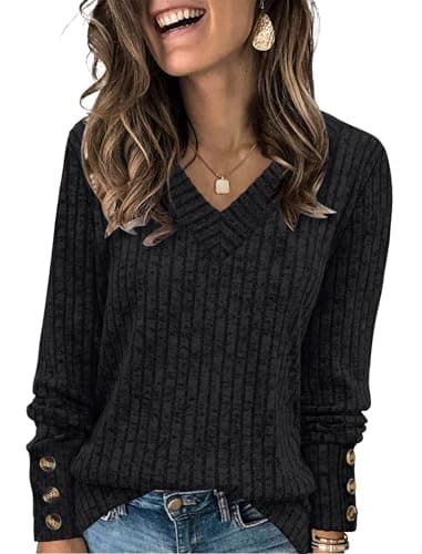 Image of WIHOLL Long Sleeve Tops Women V Neck Jumpers Ladies Lightweight Sweatshirts Button Ladies Tops Size 22-24 Black