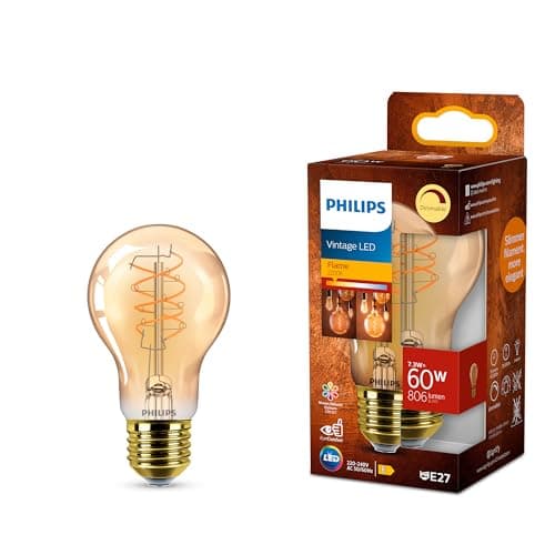 Image of Philips Vintage Amber Spiral A60 Bulb, Dimmable, Flicker-Free, EyeComfort, 806 Lumen, Flame (2200 K), 7.3 W=60 W, E27 Base, 1-Pack