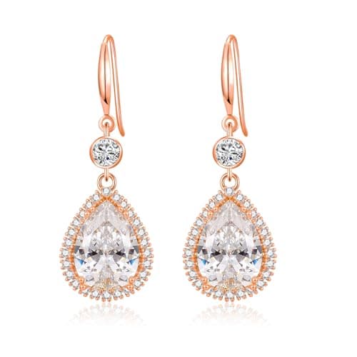 Image of CERSLIMO Rose Gold Drop Earrings for Women - Sterling Silver Earrings, Teardrop Dangle Earrings Dainty Jewellery Gifts for Girlfriend Wife Christmas Birthday Wedding Gift for Bridesmaid, White Diamond
