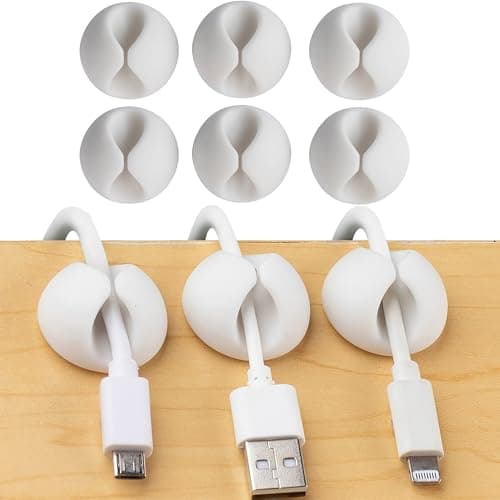 Image of 6 Pack Cable Tidy Clips – White Self-Adhesive Wire Organisers for Desk, Wall, Home or Office – Peel & Stick Cord Holders for Charging Cables, USB Leads, Ethernet & Power Wires