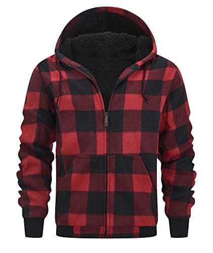 Image of geeksport Men's Fleece Jacket Men Hoodie Full Zip Fleece for Man Sweatshirt Plaid Flannel Warm Winter Coat with Hood Red-Black M