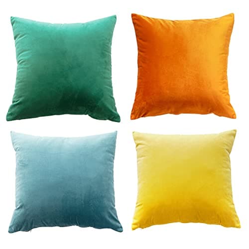 Image of Aeuihmebg Set of 4 Soft Velvet Cushion Covers 45 x 45cm Square Home Decorative Throw Pillow Cases for Car Couch Sofa Bedroom Living Room 18x 18 inch, Yellow/Orange/Blue/Green