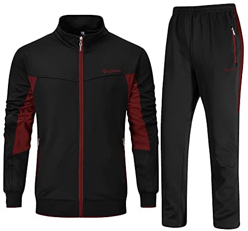 Image of Rdruko Mens Tracksuits Sets Running Jackets Joggers 2 Piece Casual Sweatsuits Sports Lounge Wear Wine Red and Black L
