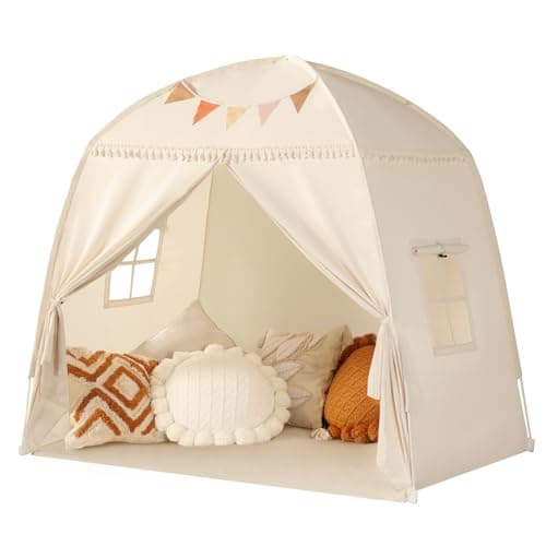 Image of Kids Bed Tent Indoor: Children's Play Tents Large -Canopy Bed Toddler Double Single with Flags for Boys & Girls - Baby Floor Playhouse Inside Sleeping for Playroom Gift Toys (Cream)