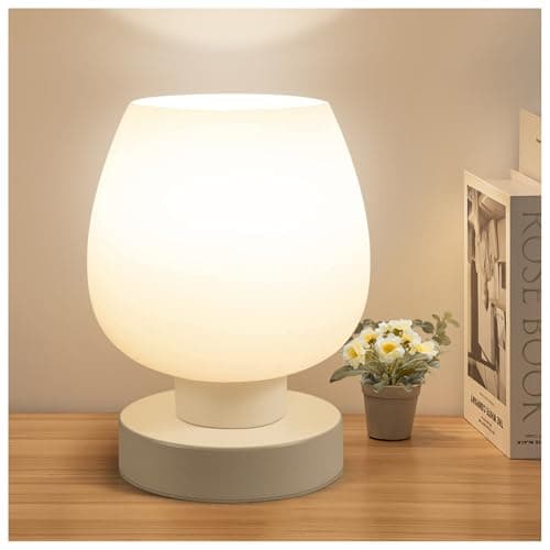 Image of ONEWISH Small Bedside Lamp for Bedroom, 3-Way Dimmable Touch Control, 600 Lumen Bright Opal Glass Shade, 7.5 Inch Ultra Compact Nightstand Lamp, Warm White 2700K LED Bulb Included, Modern Design